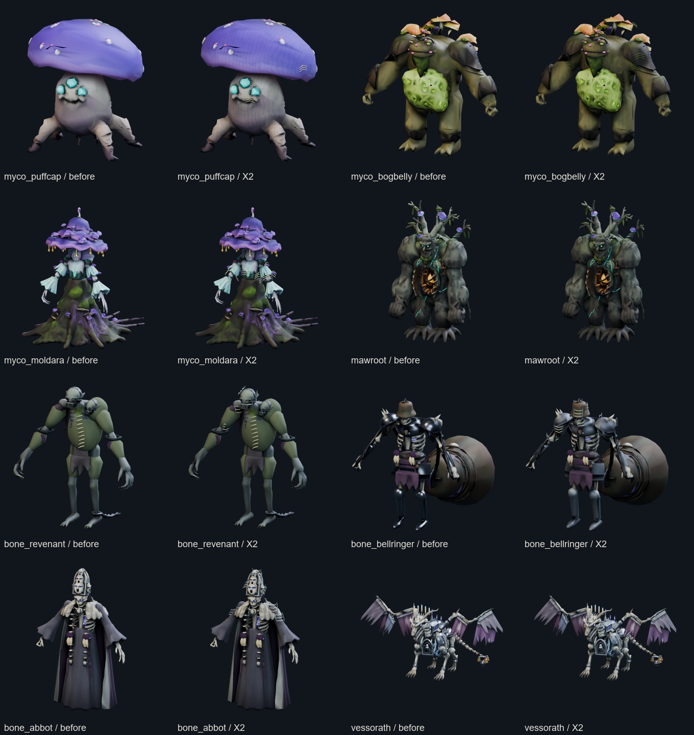 Side-by-side original and revised enemy models from the region art review